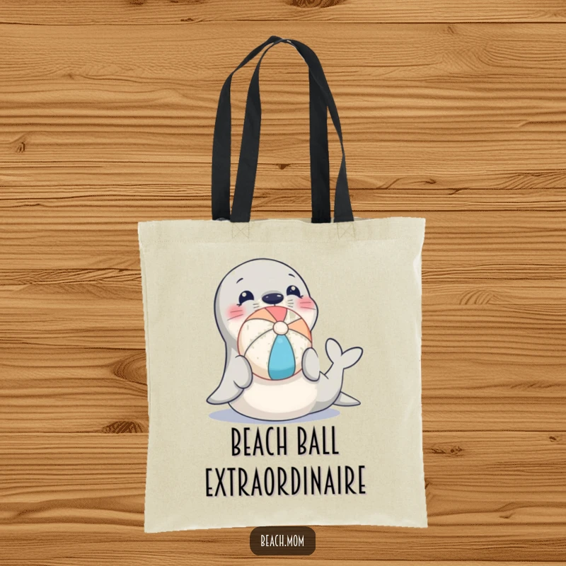 Funny tote bag illustration of a happy seal balancing a beach ball on its nose, ideal for shopping and beach trips.