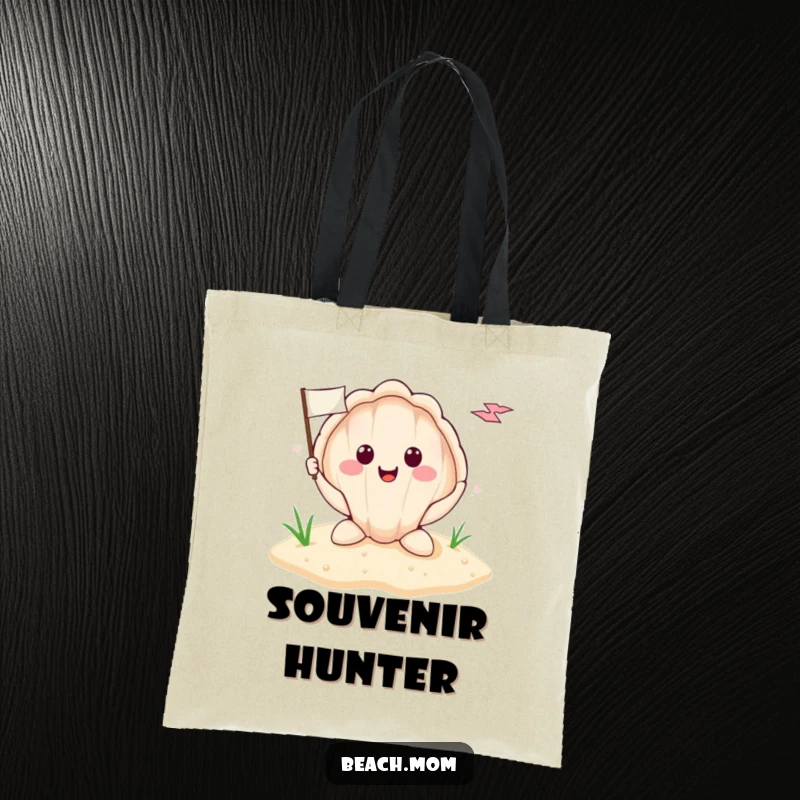 Funny smiling seashell holding a tiny flag planted in the sand, printed on a durable tote bag, embodying beach exploration.