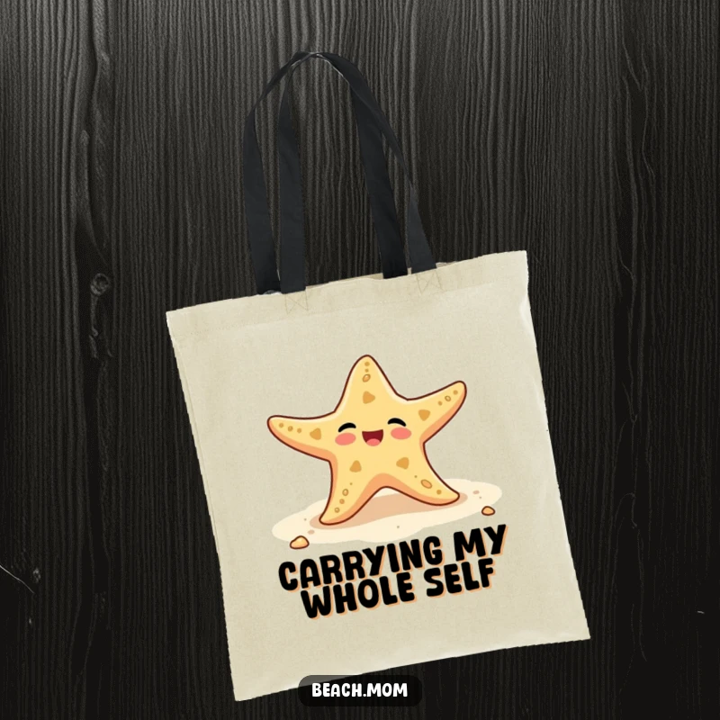 Funny tote bag featuring a delighted starfish wiggling its arms, ideal for beach trips and everyday use.