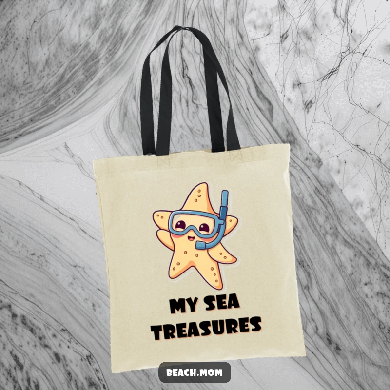Funny tote bag with a playful starfish wearing a tiny snorkel, dipping its arm, great for beach essentials.