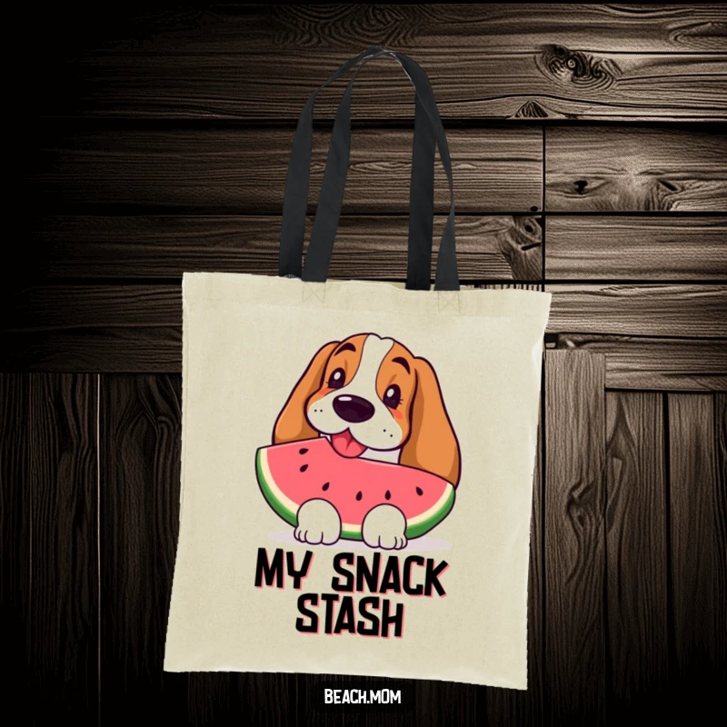 Funny Basset Hound tote bag featuring a happy dog with a slice of refreshing watermelon, perfect for summer.