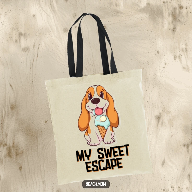 Funny Basset Hound tote bag featuring a dog blissfully eating a melting ice cream cone, a symbol of sweet delight.
