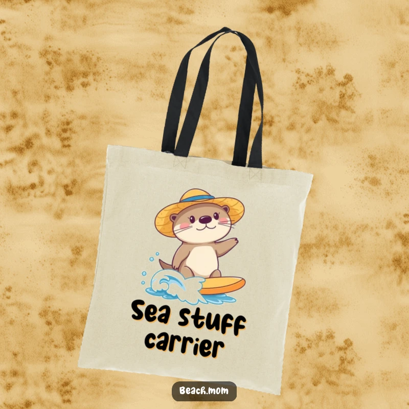 Funny sea otter tote bag, wearing a sun hat, surfing a small wave, a stylish and playful accessory for beachgoers and animal lovers.
