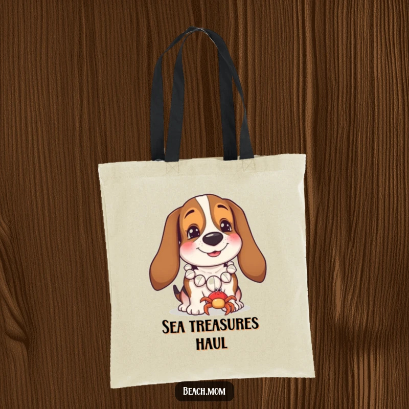 Funny Basset Hound tote bag with a dog wearing a seashell necklace, smiling at a tiny crab, ready for the beach.