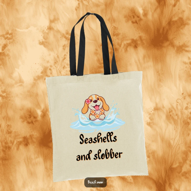 Funny Basset hound tote bag showcasing a joyful dog with a flower lei splashing in gentle waves, ideal for beach trips.